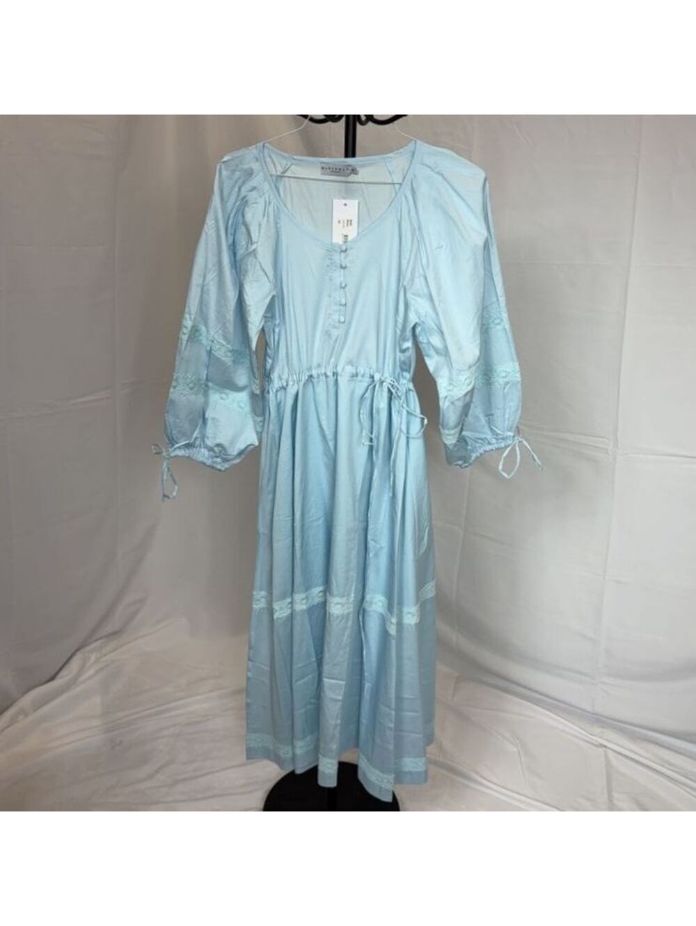 NWT Harshman Crisp Cotton Round Neck Waist & Cuff Tie Lace Dress Baby Blue XS
